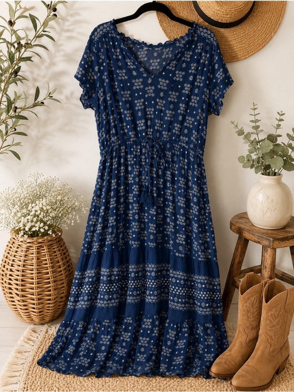 Sonoma Boho Prairie Maxi Dress Blue Tiered Peasant Cottagecore 1X